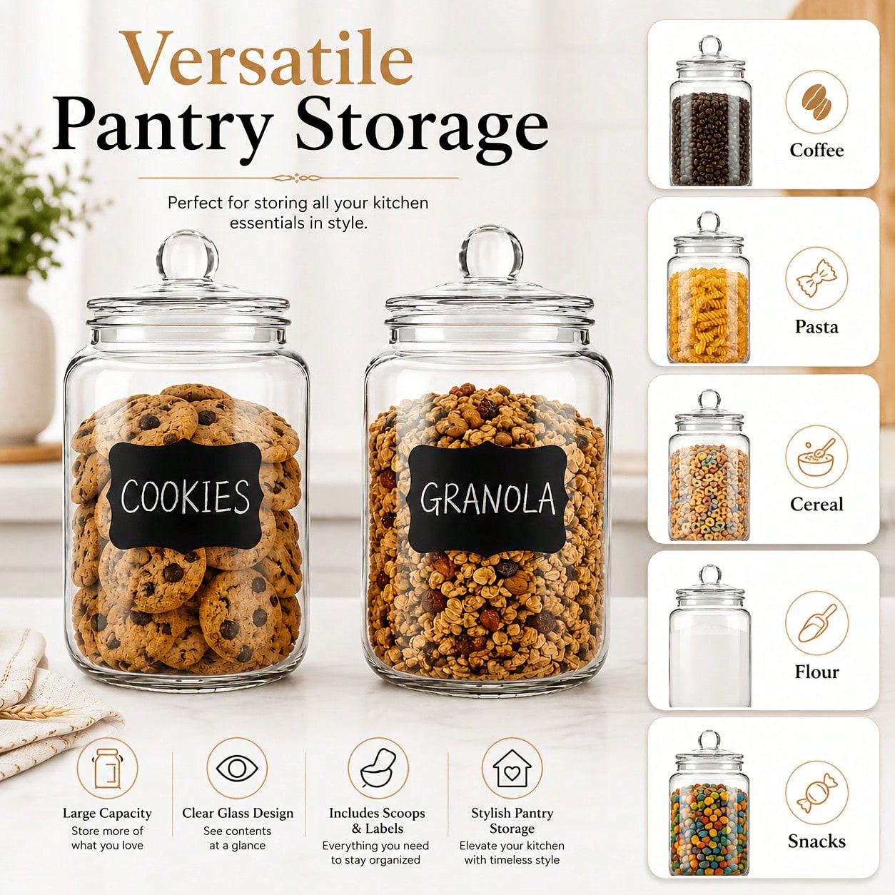 Snacks Food Labels - 2-teiliges Set aus Glas-Vorratsgläsern mit Deckeln,